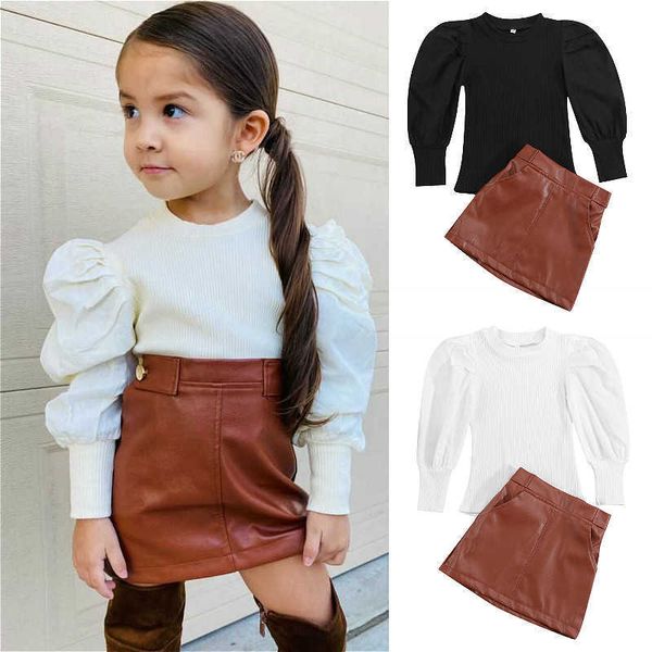 

2pcs toddler girls clothes sets fall winter outfits puff sleeve rib knit mini leather skirt fashion set 1-6 years, White