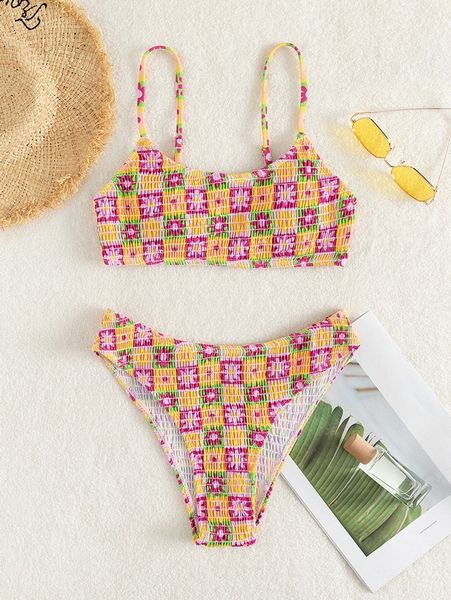 

plaid floral print smocked bikini swimsuit o5vp#, White;black