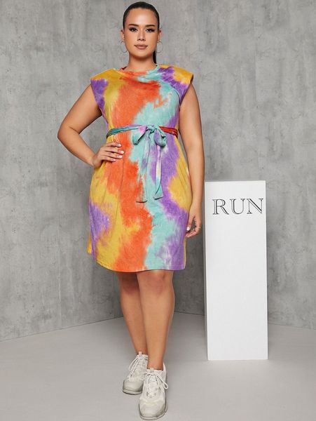 

plus tie dye shoulder pad belted dress e02w#, Black