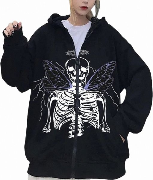 

goth zip up hoodie y2k rhinestone oversized sweatshirt graphic print drawstring jacket pullover streetwear s6yz#, Black