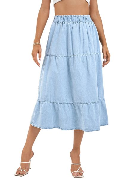 

ruffle hem denim skirt 46jb#, Black