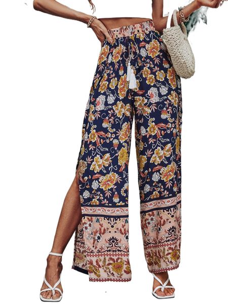 

random floral print tassel tie waist split thigh pants o0fs#, Black;white