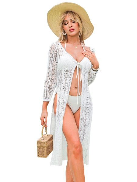

hollow out slit thigh tie front kimono f05k#, White;black