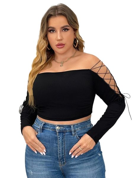 

plus off shoulder lace up side crop tee u4ue#, Black
