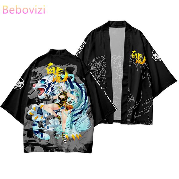 

tiger cartoon japanese style sets fashion kimono plus size beach harajuku men women cardigan haori obi asian clothes pant suit, Red