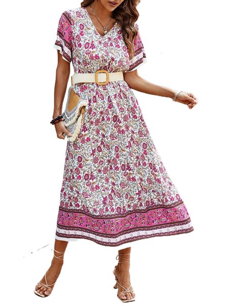 

floral print butterfly sleeve dress without belt k3zn#, Black;gray