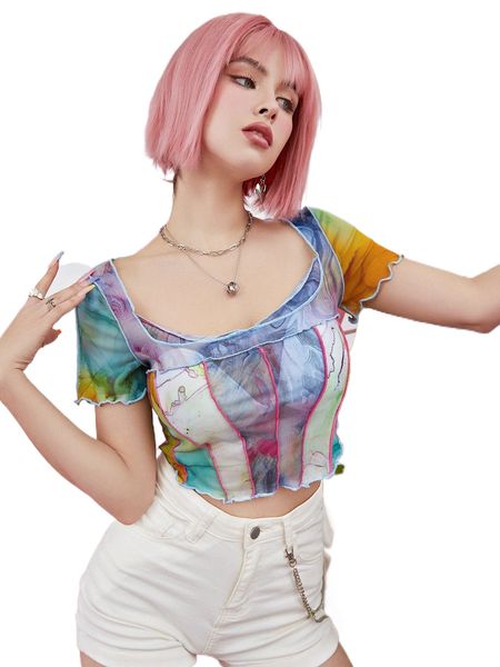 

marble print stitching lettuce trim mesh without bra i37j#, White