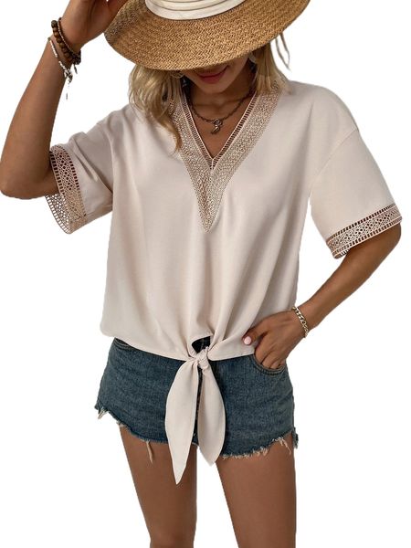

contrast guipure lace knot front drop shoulder blouse 954k#, White