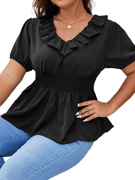 

plus ruffle trim puff sleeve shirred peplum blouse f8y9#, Black