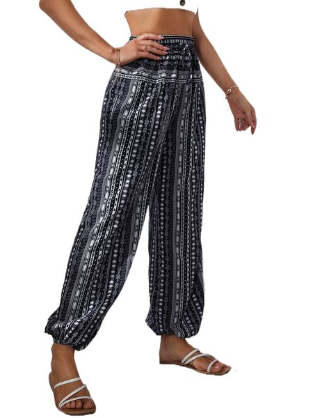 

geo print tie waist pants z77t#, Black;white