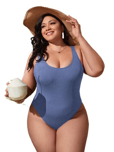 

plus rib one piece swimsuit i76j#, White;black