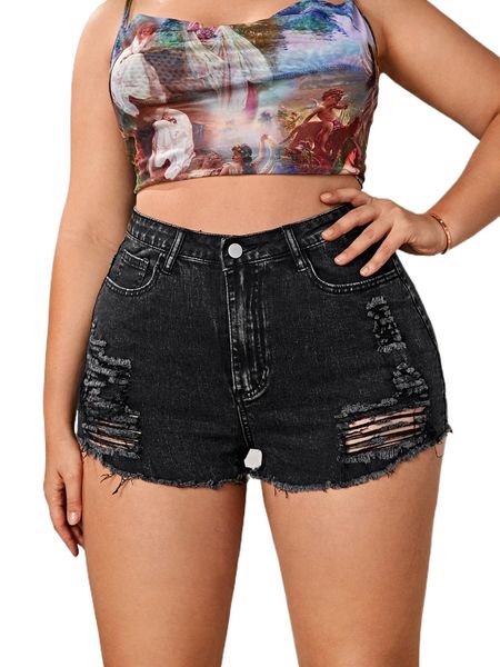 

plus ripped raw hem denim shorts s0vo#, White;black