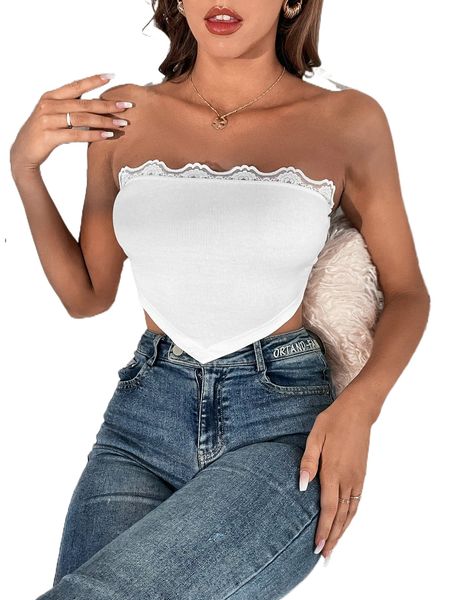 

contrast lace trim hanky hem tube 83tq#, White