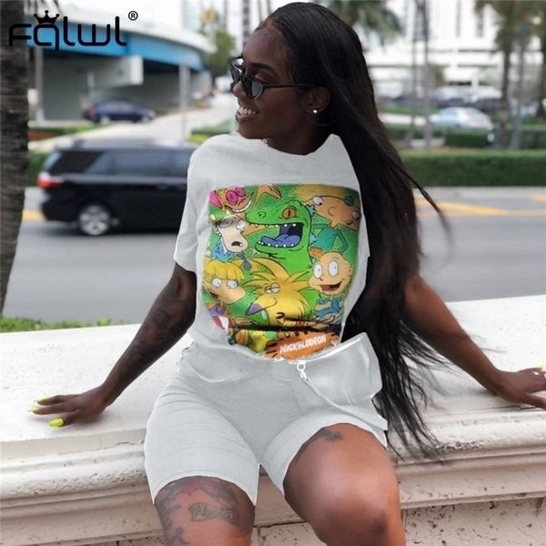 

fqlwl cartoon summer outfits two piece set women suits black white biker shorts set for women matcing sets ladies tracksuits y200822, Gray