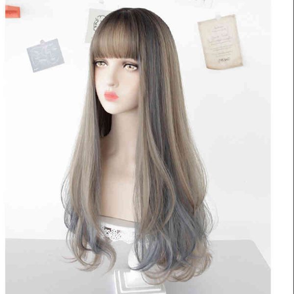 

houyan long wave synthetic curly hair female haze blue dyed black wig cosplay lolita wig heat ristant syntheti, Golden;white