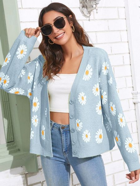 

button front daisy floral pattern cardigan 19hu#, White;black