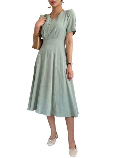 

dazy puff sleeve tie back slant pocket dress t5bb#, Black;gray