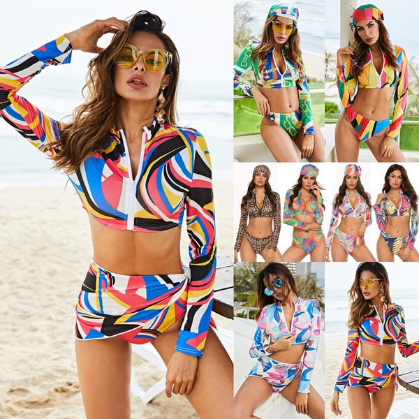 

bikini women long sleeve swimsuit three piece zipper swimwear floral printing bathing swimming suit beachwear surfing rash guard