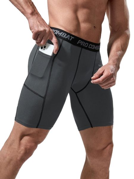 

men stitching contrast letter tape sports tights with phone pocket h2pp#, Black