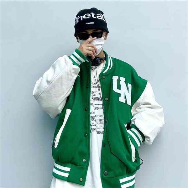 

2021 autumn american street hip-hop coat paste cloth stitching men's and women's baseball clothes wool long sleeved jacket trend, Black