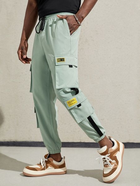 

men letter patched detail flap pocket drawstring waist cargo pants y6sn#, Black