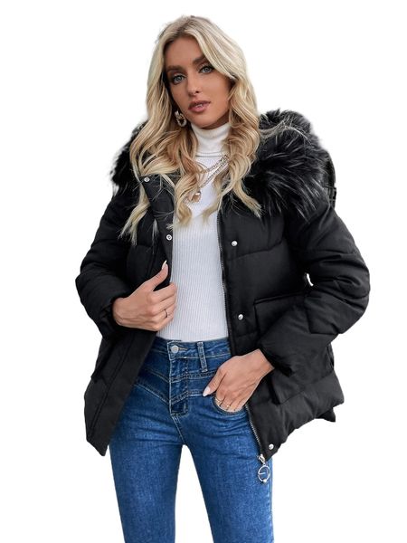

zip up snap button fuzzy trim hooded puffer coat l2dk#, Black