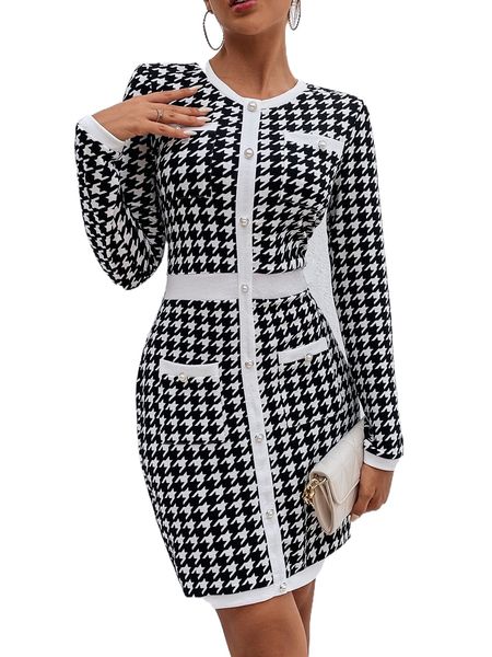 

houndstooth print button front bodycon dress k9tp#, Black;gray