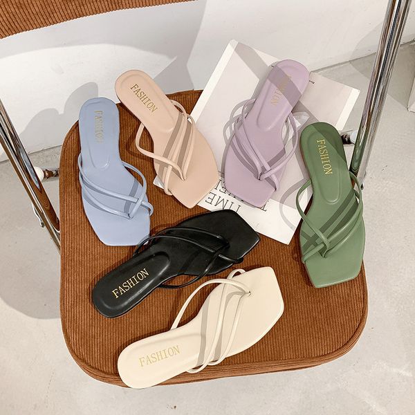 

sandales de luxe women flat flip flops plus size 43 square toe outdoor female sandal summer slipper open-toe beach women shoes p, Black