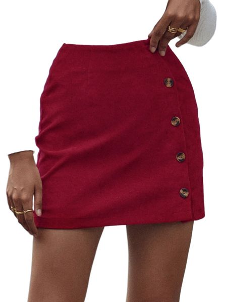 

high waist button front corduroy skirt z4we#, Black