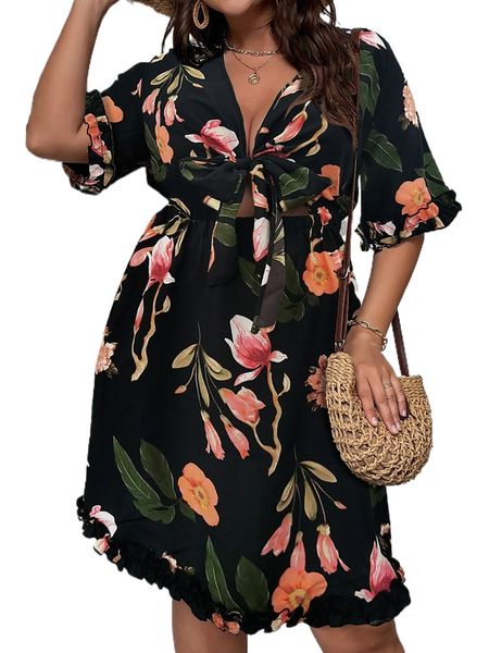 

plus floral print knot front cut out frill trim dress j5ri#, Black