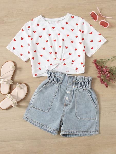 

girls heart print knot hem crop tee & denim shorts she, White