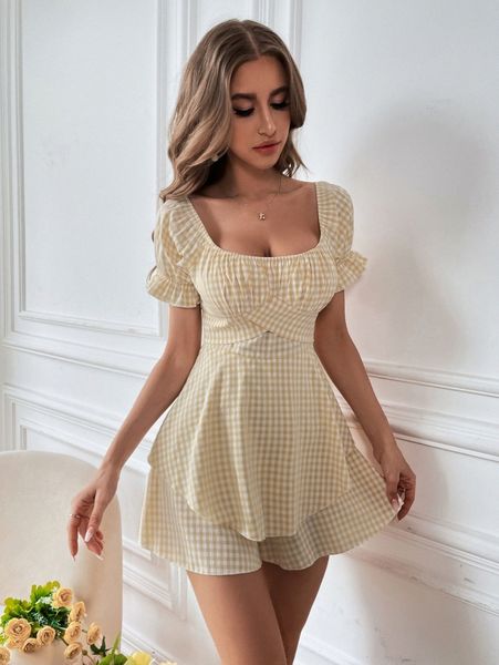 

gingham print ruched bust puff sleeve tie back romper f2ax#, Black;white