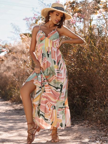 

brush print shirred back ruffle hem cami dress i60l#, Black;gray