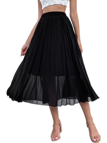 

high waist solid pleated skirt i1h7#, Black