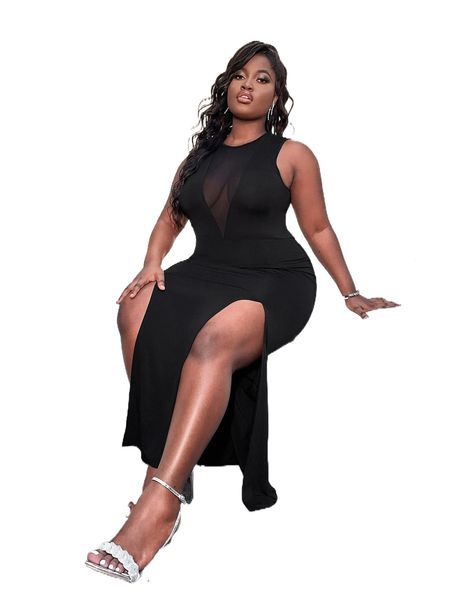 

sxy plus contrast mesh split thigh dress 60n1#, Black