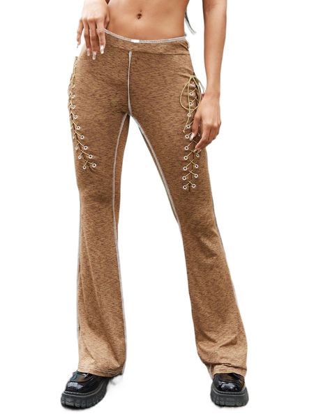 

contrast stitch lace up detail flare leg pants 375l#, Black;white
