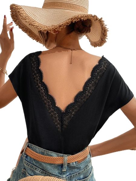 

contrast guipure lace v-neck batwing sleeve tee 466z#, White