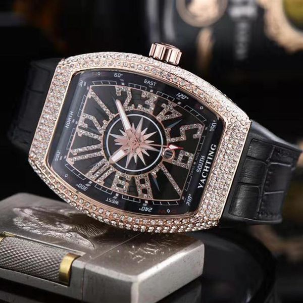 

luxury watches for men designer quartz watch vanguard all diamond case watch leather strap iced out watches montre de295n, Slivery;brown