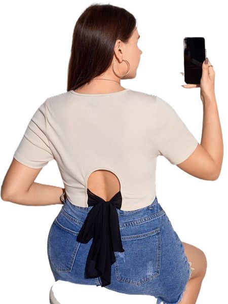 

plus tie back contrast mesh tee v5io#, Black