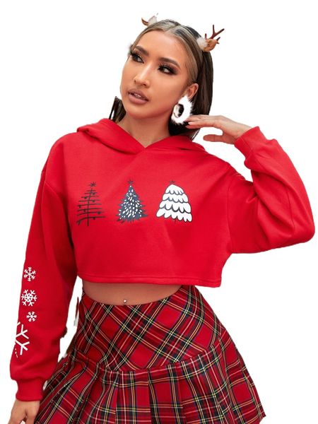 

christmas snowflake & tree print drop shoulder hoodie a7pl#, Black