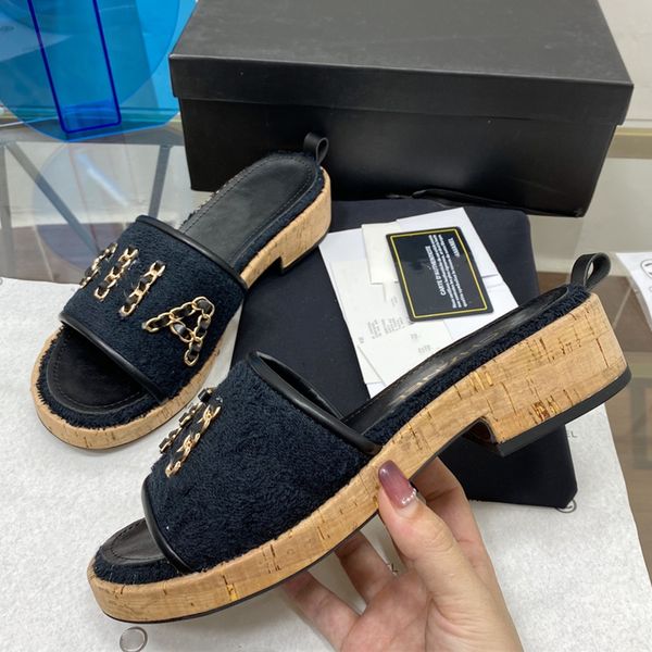 

designer women shoes metal slippers chain embroidered sandals luxury fashion leather slides white woman classic wooden bottom plat heels sho, Black