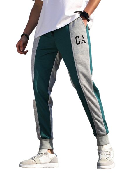 

men letter graphic colorblock drawstring waist sweatpants v70d#, Black