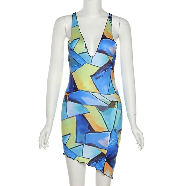 

dress easter summer holiday beach wear fashion contrast stitch v-neck tie dye printed sleeveless mini asymmetrical hem, Black;gray