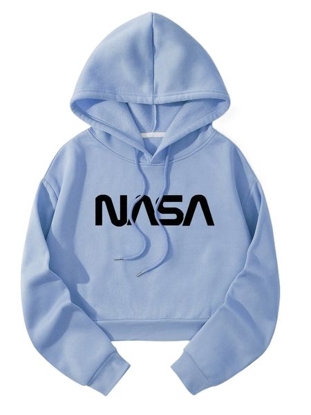 

letter graphic drop shoulder drawstring crop hoodie u9oa#, Black