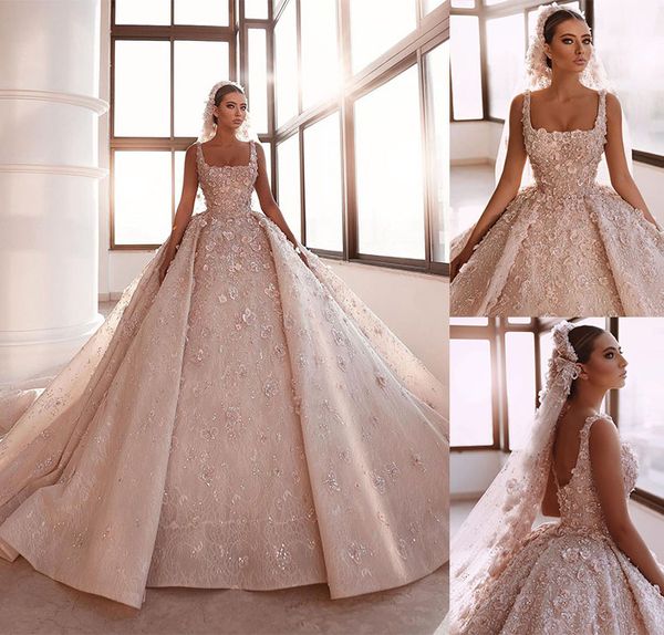 Elegante 3D-Blumen-Ballkleid-Hochzeitskleider mit quadratischem Kragen, Vestido de Noiva, Perlen, ärmellos, arabische Dubai-Brautkleider