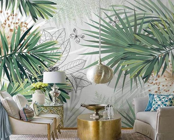 Plantas tropicais de papel de parede 3D Plantas tropicais folhas de floresta tropical de fundo interno da sala de estar de parede de parede do quarto de casa