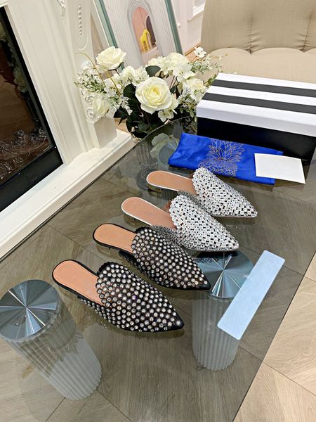 

2022 new sandals pointed toe mules leather toe half drag back empty flat pineapple rhinestone, Black