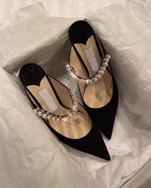 

comfort party wedding bridal dress mule shoes women bing sandals slippers crystal pearls straps pointed toe walking eu35-43 with box, Black