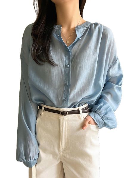 

dazy-less button through drop shoulder semi-sheer blouse i3e7#, White