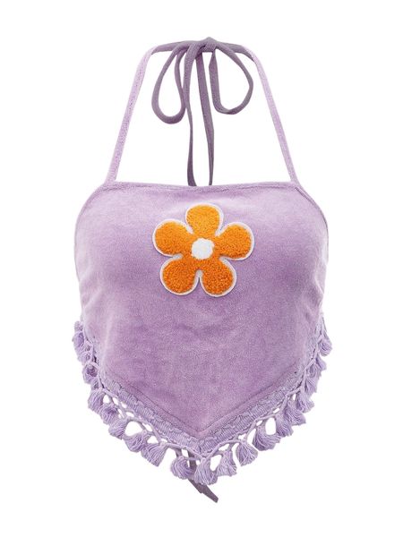 

mod floral patched fringe hem tied backless j1ed#, White